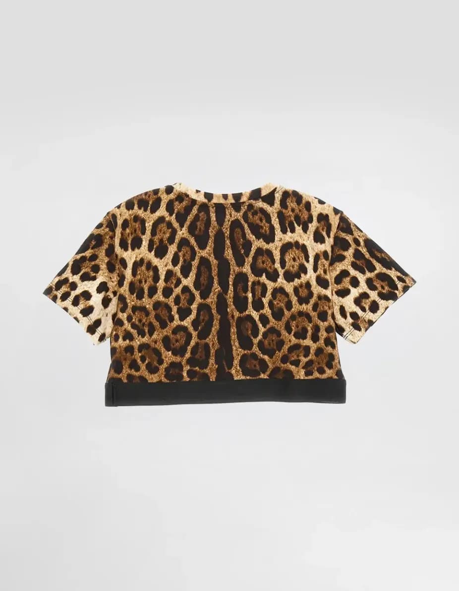 Dolce & Gabbana Kids Leopard-Print Cropped T-Shirt with Logo Jacquard Tape - 3