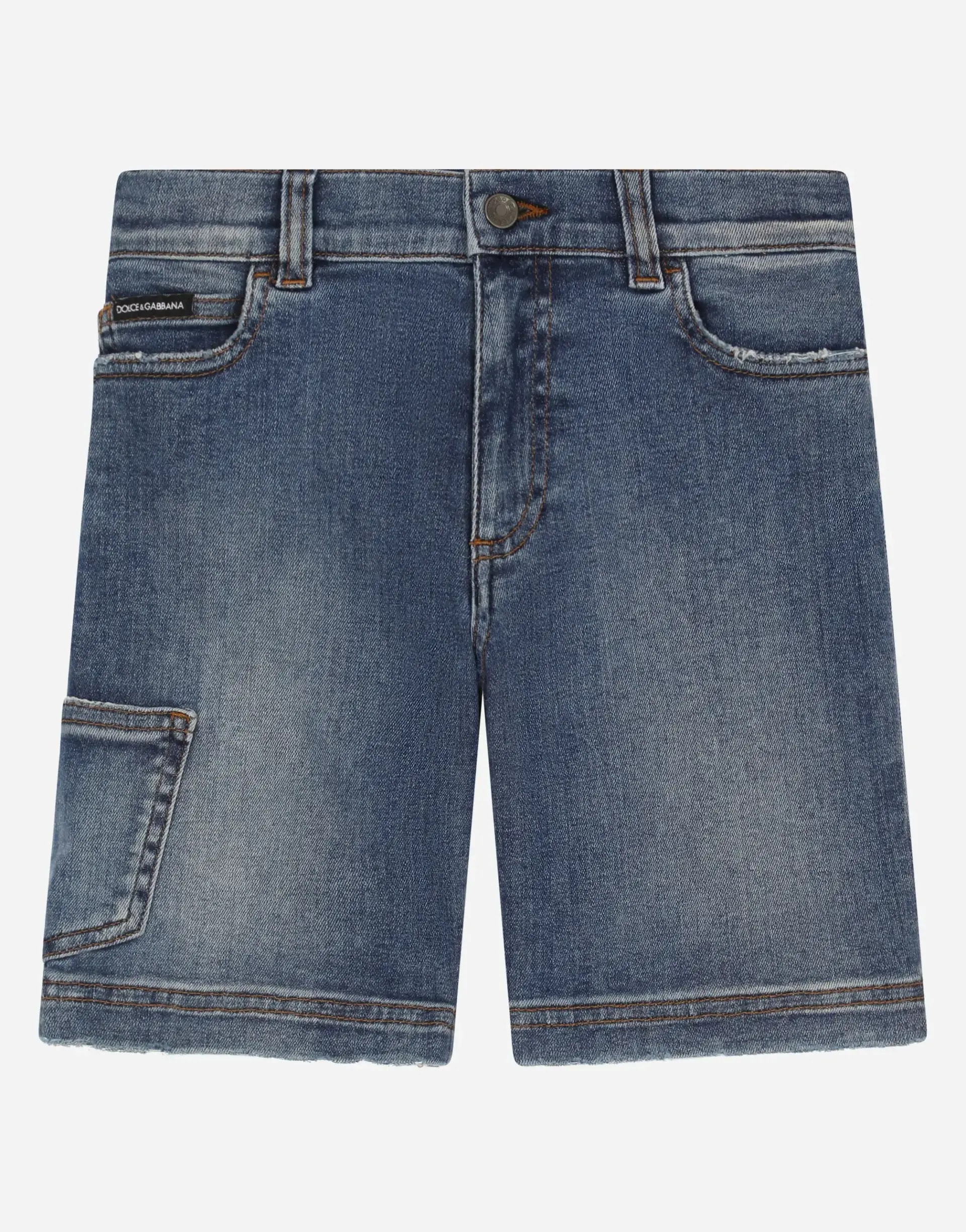 Dolce & Gabbana Kids Blue Wash Stretch Denim Bermuda shorts with pockets
