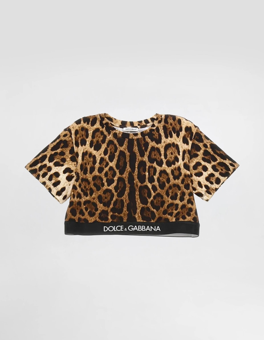 Dolce & Gabbana Kids Leopard-Print Cropped T-Shirt with Logo Jacquard Tape